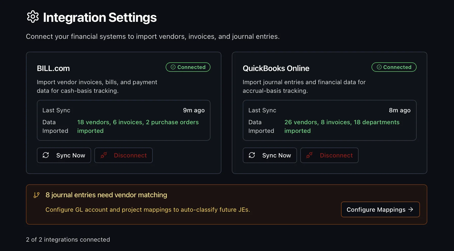VendorCast Integration Settings — Bill.com and QuickBooks Online connected with sync status and journal entry matching
