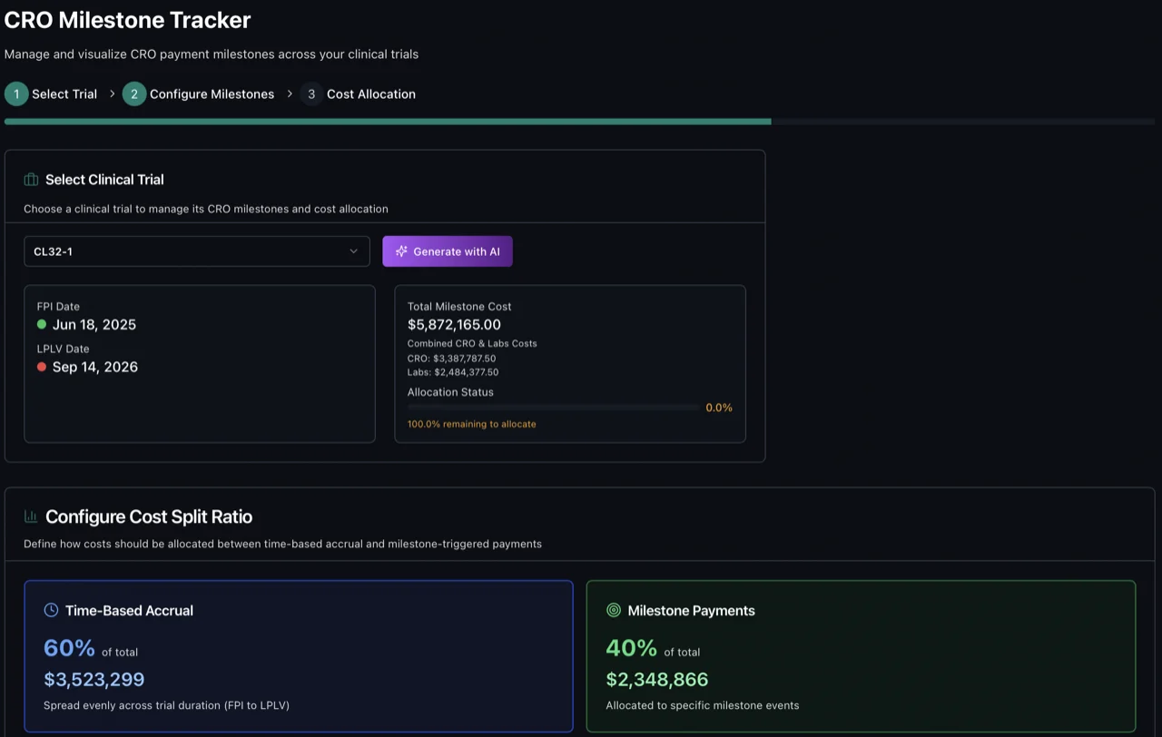 TrialCast CRO milestone tracker with cost allocation