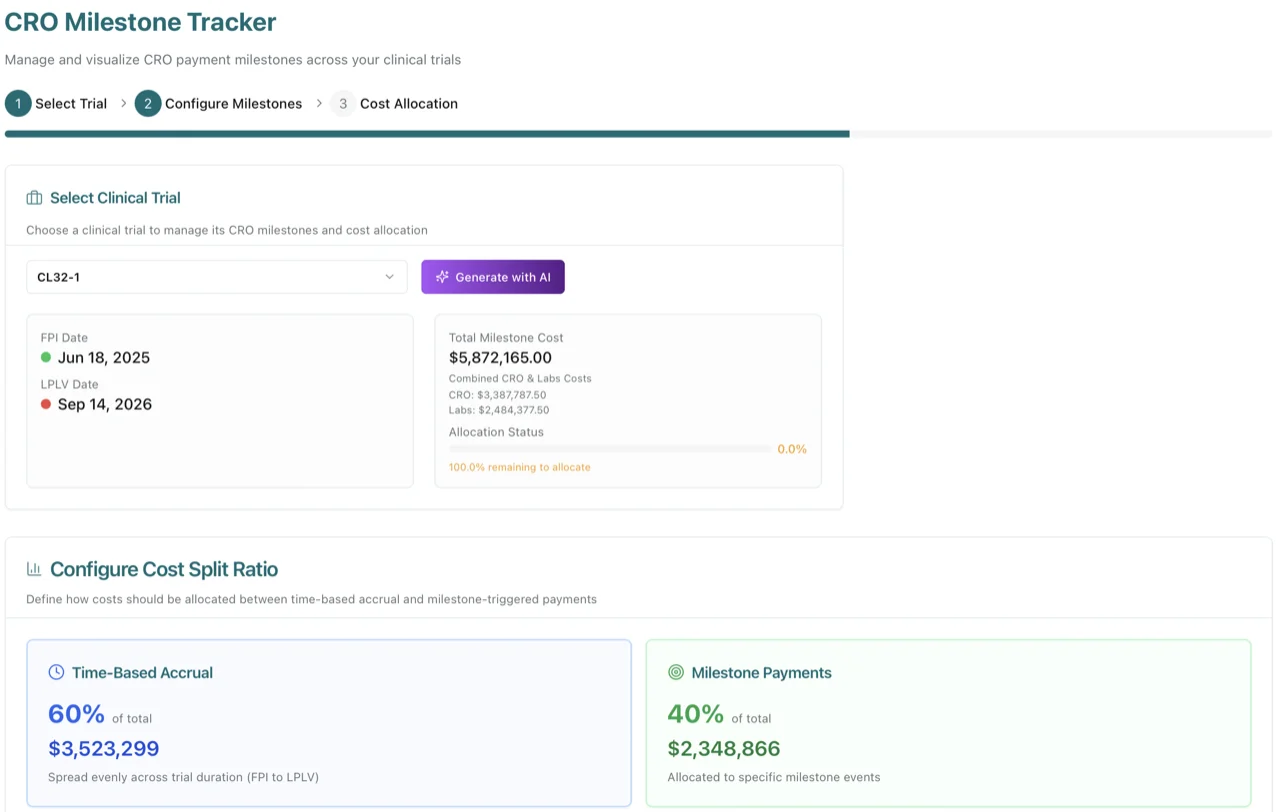 TrialCast CRO milestone tracker with cost allocation